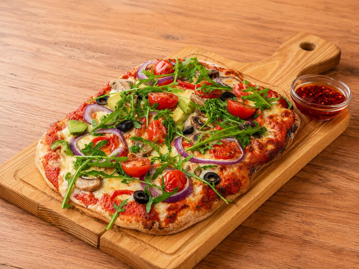 Stone-baked pinsa with rocket, cherry tomatoes and red onion