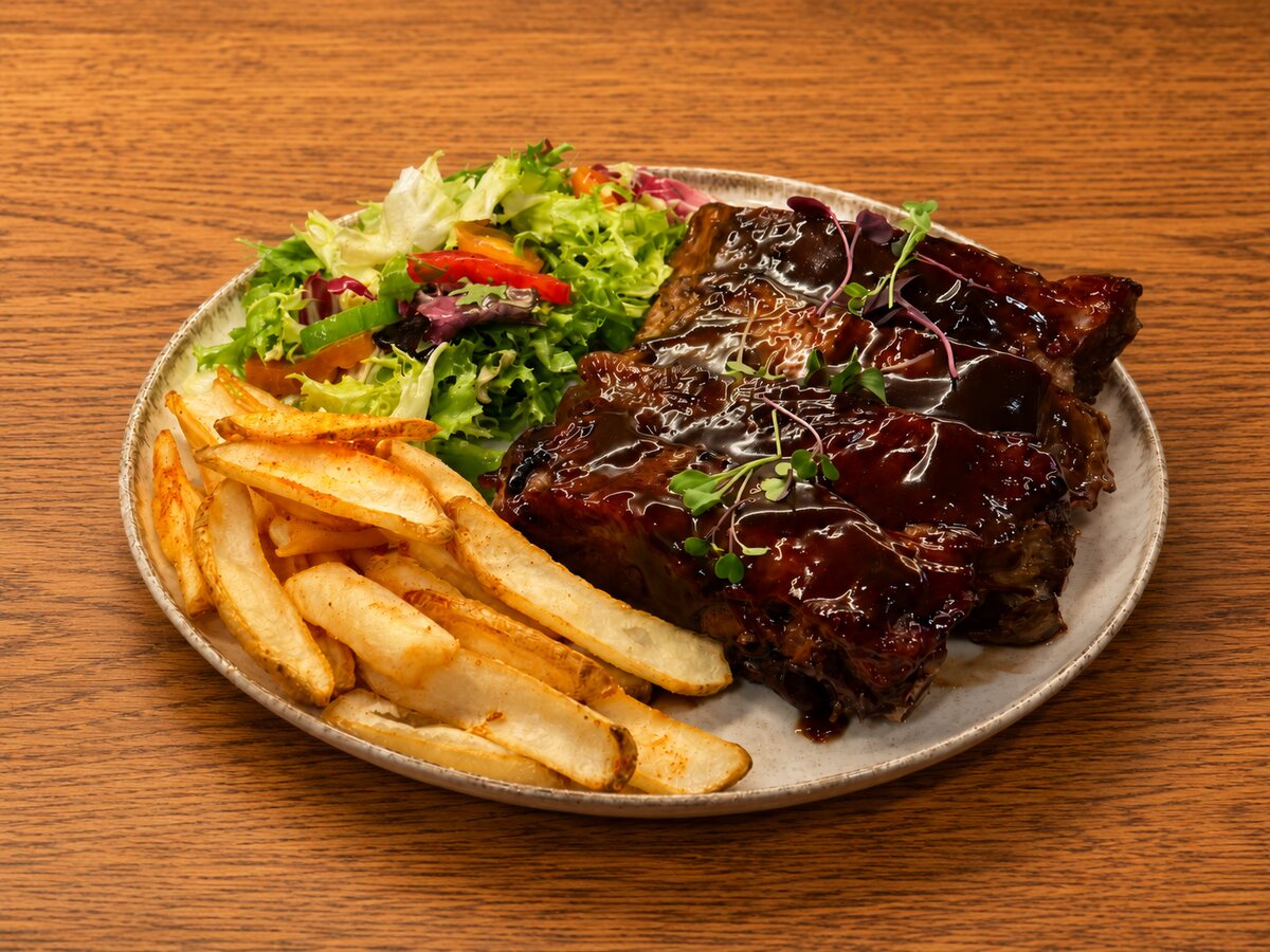 BBQ ribs with fries and mixed salad