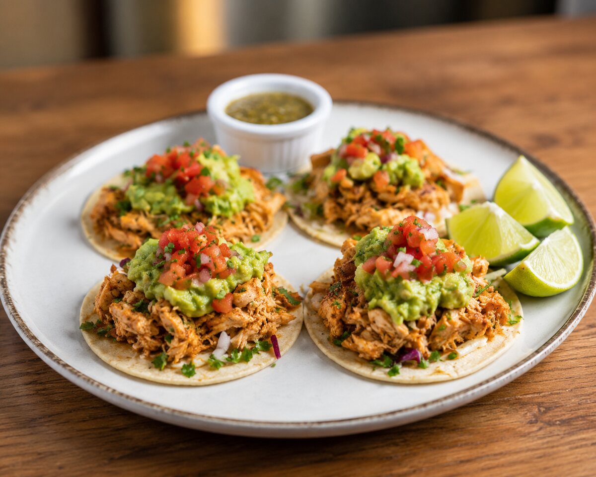 Chicken tacos with pico de gallo, guacamole and lime